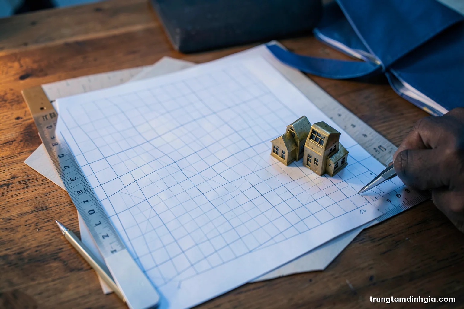 Top-down macro of a wooden desk with blank grid paper, a mechanical pencil, an architect scale ruler and three small brass house models in a row, cool blue morning light