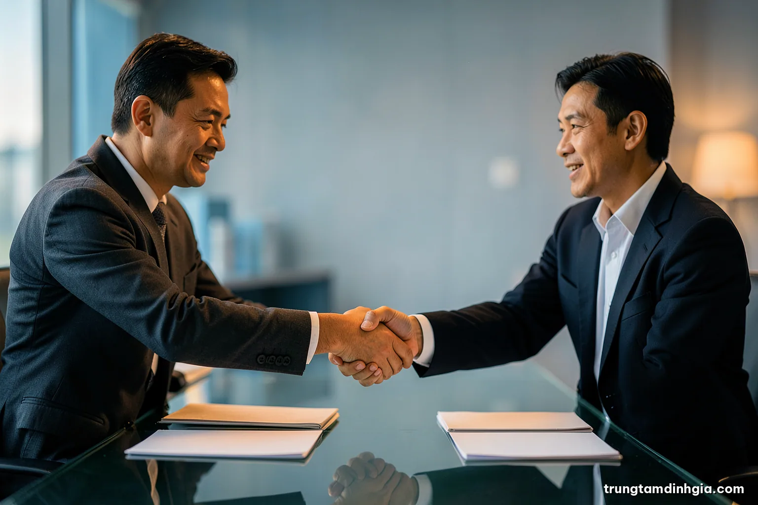 Two Vietnamese business people shaking hands across a glass table in a minimalist meeting room, blank folders between them, shallow depth of field, cool blue and silver palette