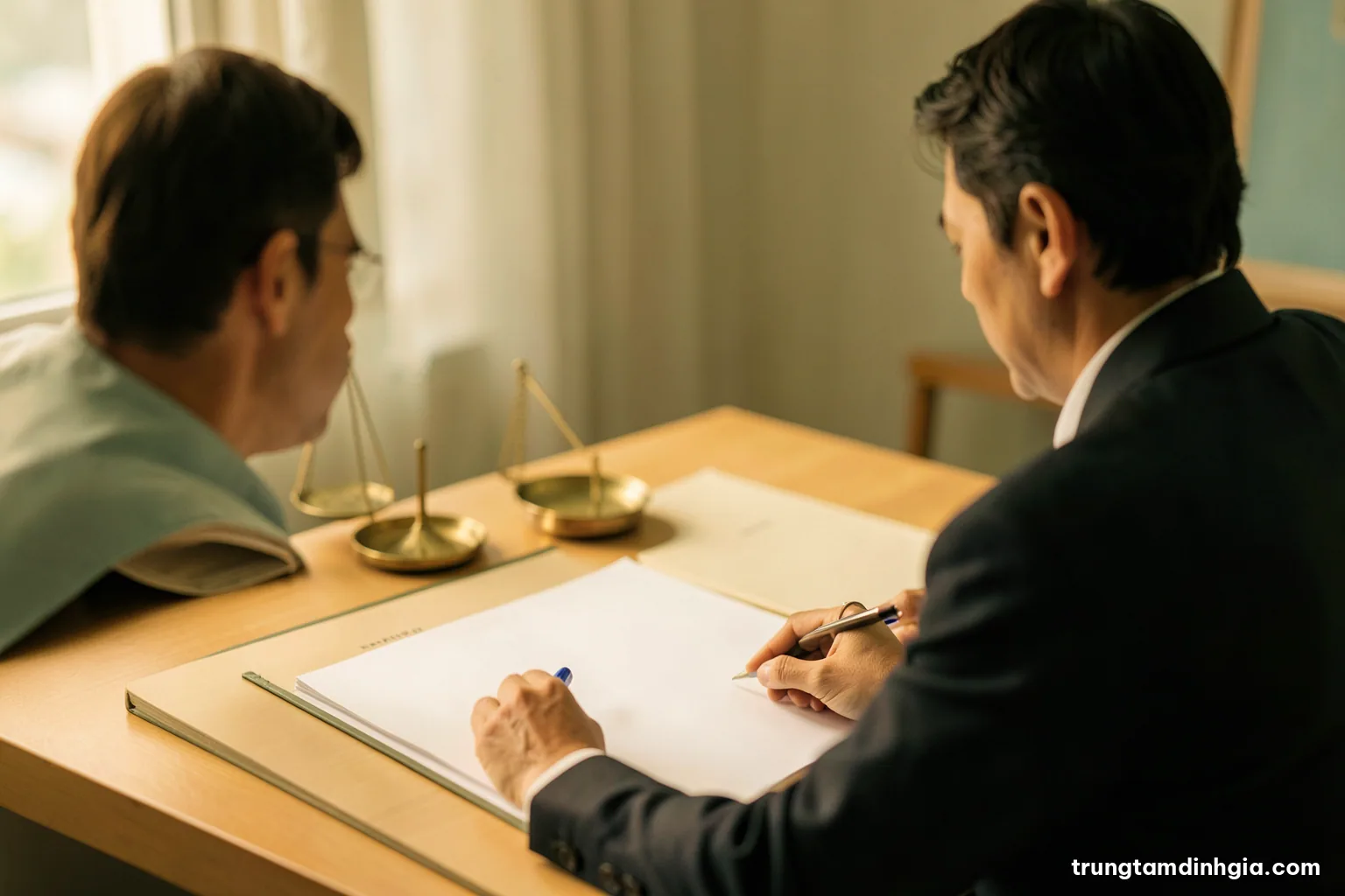 Over-the-shoulder view of a Vietnamese accountant at a tidy desk comparing two blank ledgers beside a small brass balance scale, soft morning light, muted green and cream palette