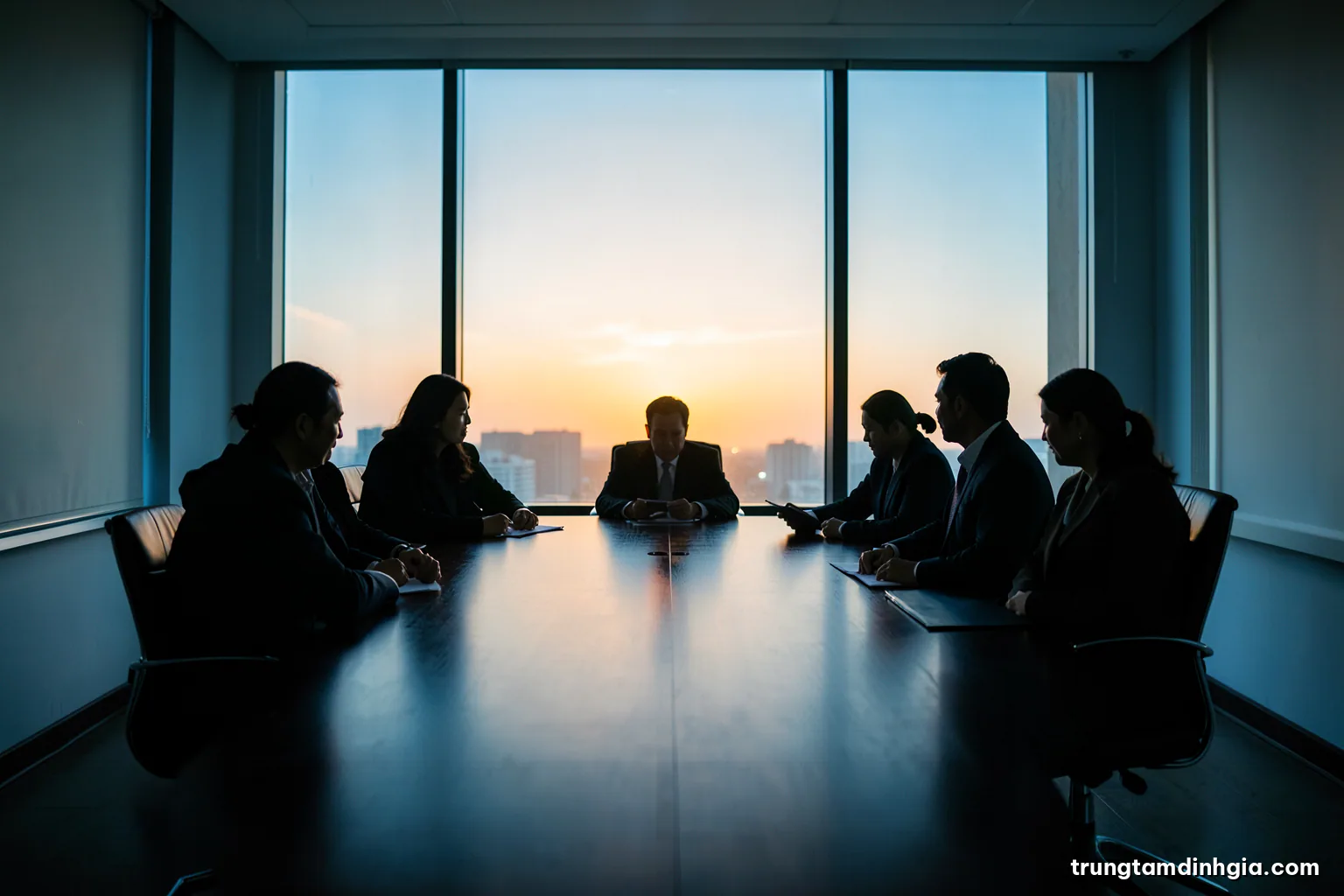 Silhouette of a few Vietnamese shareholders seated far from the head of a long boardroom table, one empty leather chair at the end, backlit by tall windows, cool blue tones