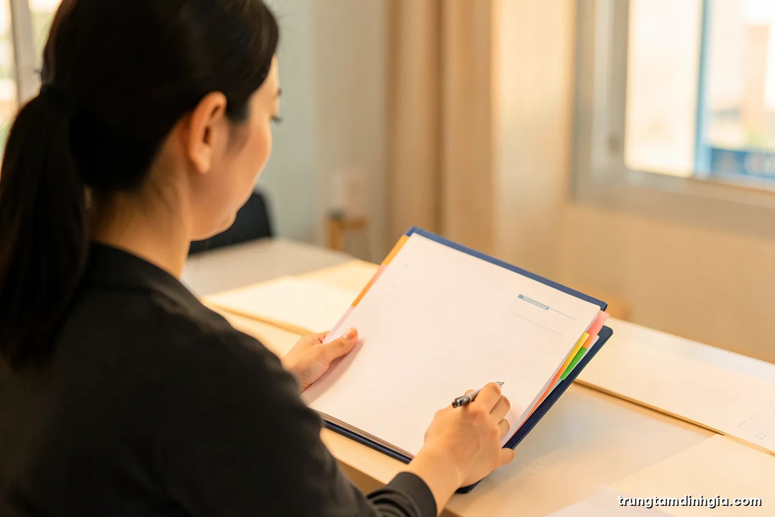 Over-the-shoulder shot of a Vietnamese woman reviewing a thick bound folder with blank pages and colored tabs at a bright office desk, pen in hand, soft cream and navy palette