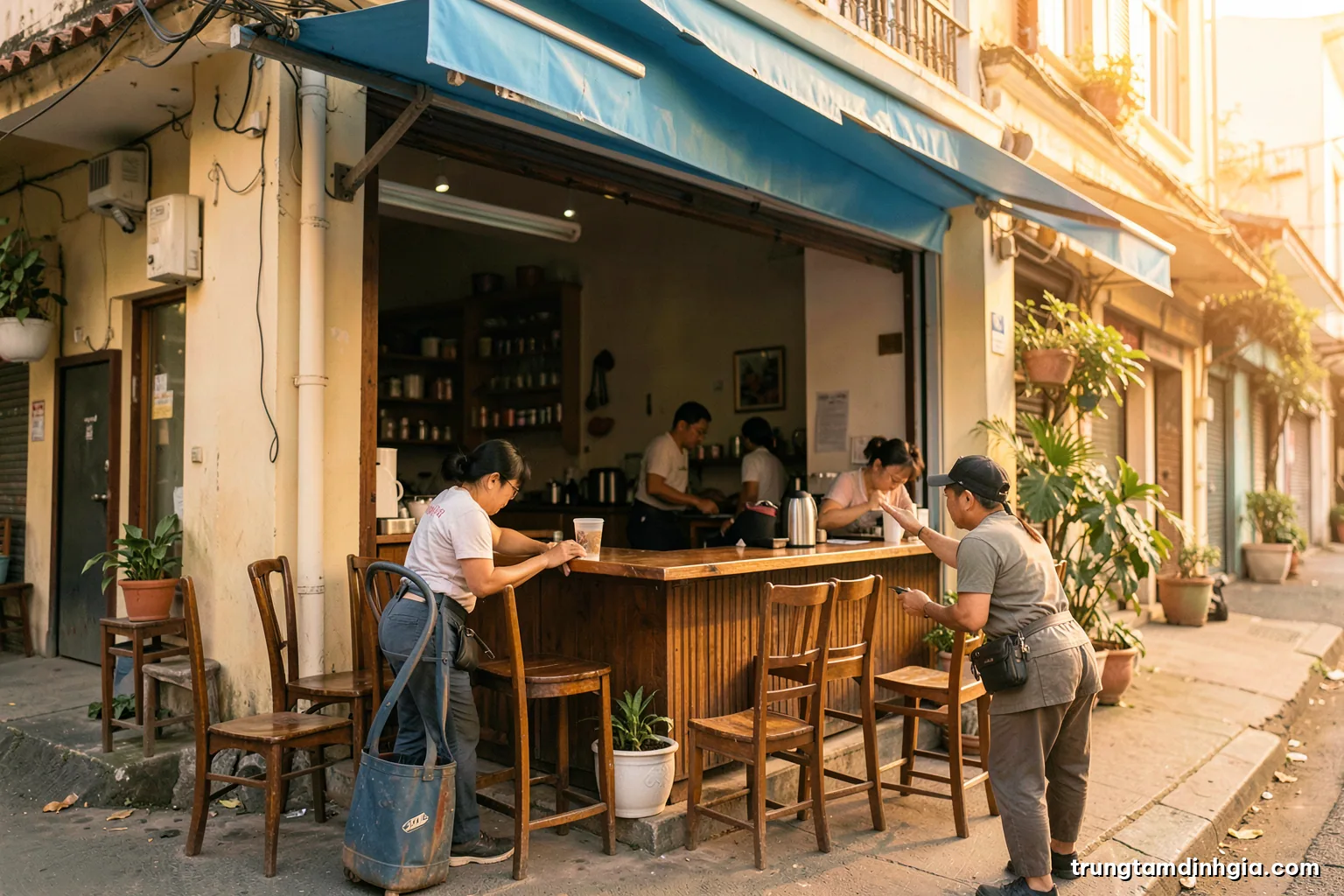 Wide street-level photo of a small Vietnamese coffee shop at early morning, owner wiping a counter, empty chairs and potted plants, no visible shopfront writing, soft pastel light
