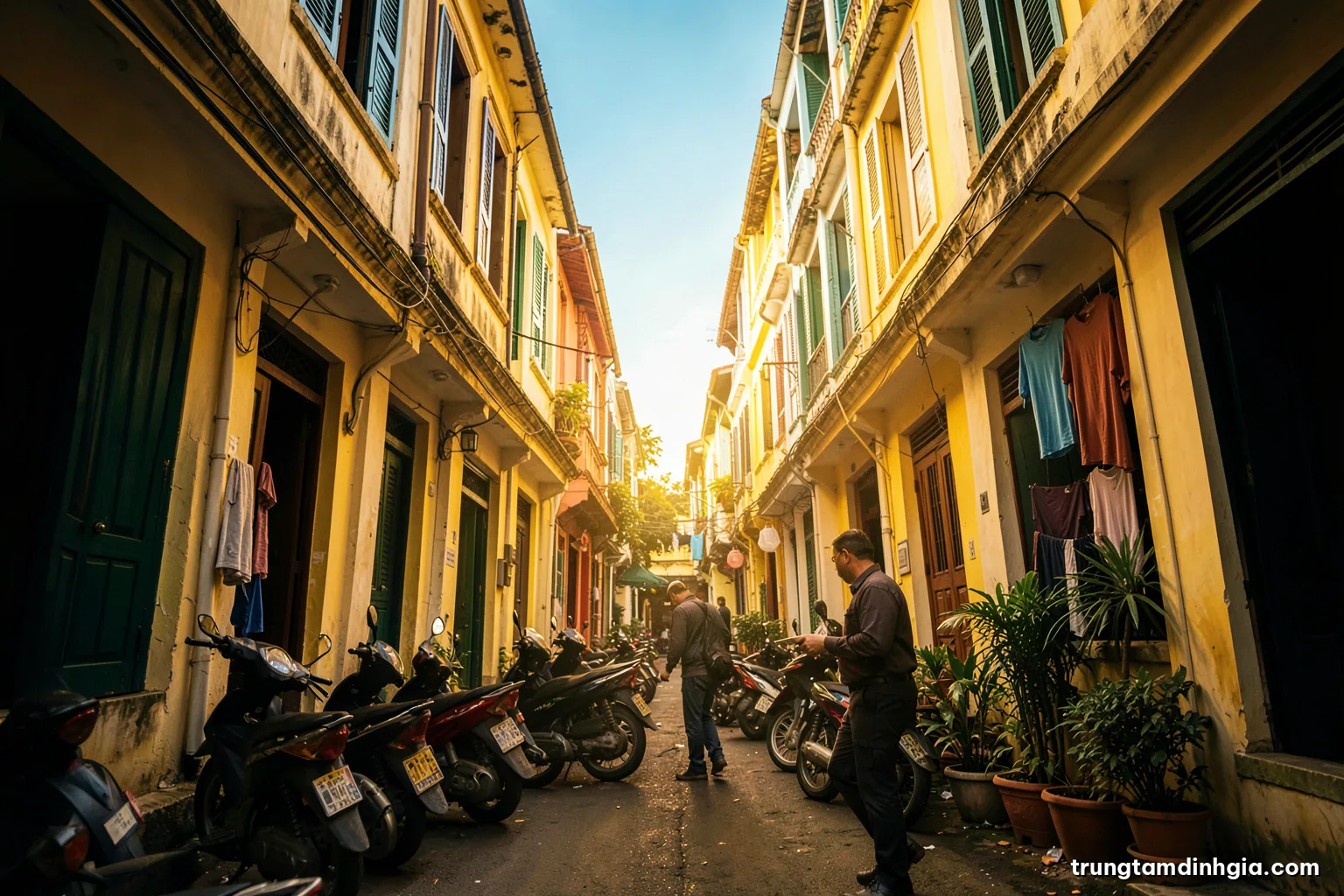 Low angle view along a narrow Saigon alley lined with tall thin townhouses, motorbikes parked, laundry and potted plants, late afternoon sun streak, warm yellow and deep green palette