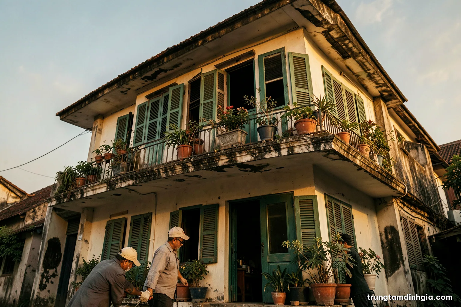 Low angle view of an old two-storey Vietnamese tube house with green wooden shutters at late afternoon, potted plants on the balcony, warm golden light, nostalgic muted palette