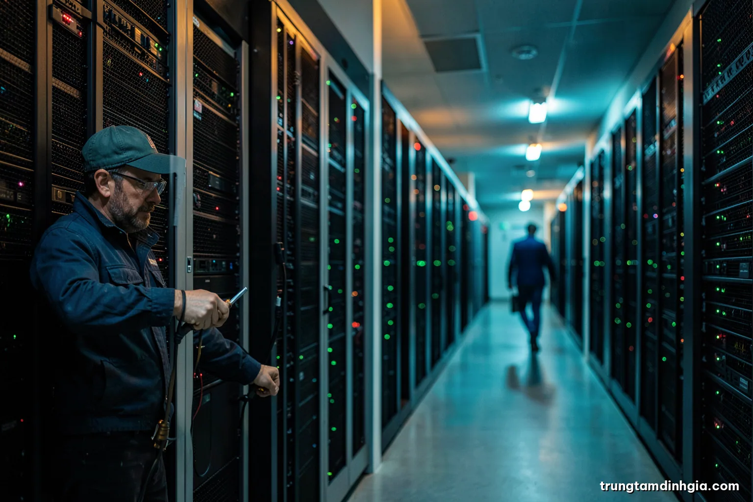Long exposure photo of a dim server room aisle with rows of racks and tiny green indicator lights, a lone figure walking away at the far end, cool cyan and black palette