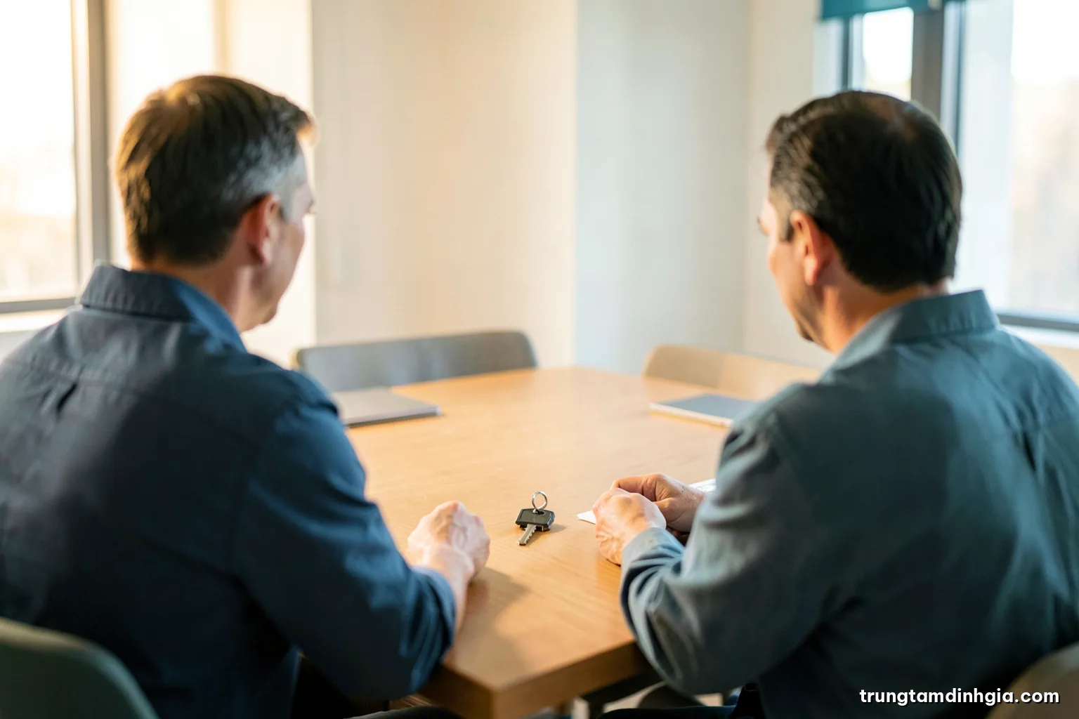 Over-the-shoulder view of two people sitting apart at a long wooden table in a bright mediation room, a single set of house keys between them, soft grey and teal tones