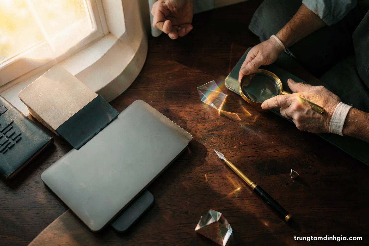 Top-down view of a dark walnut desk with a closed laptop, a brass magnifying glass and a small glass prism casting a rainbow, soft morning window light, muted teal and amber palette