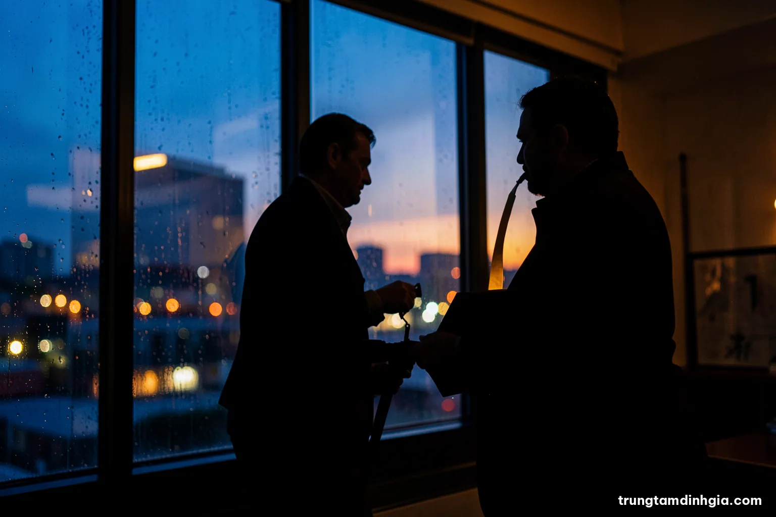 Silhouette of a person standing by a tall window in a dim government office at dusk, rain on the glass, city lights blurred outside, deep navy and amber tones