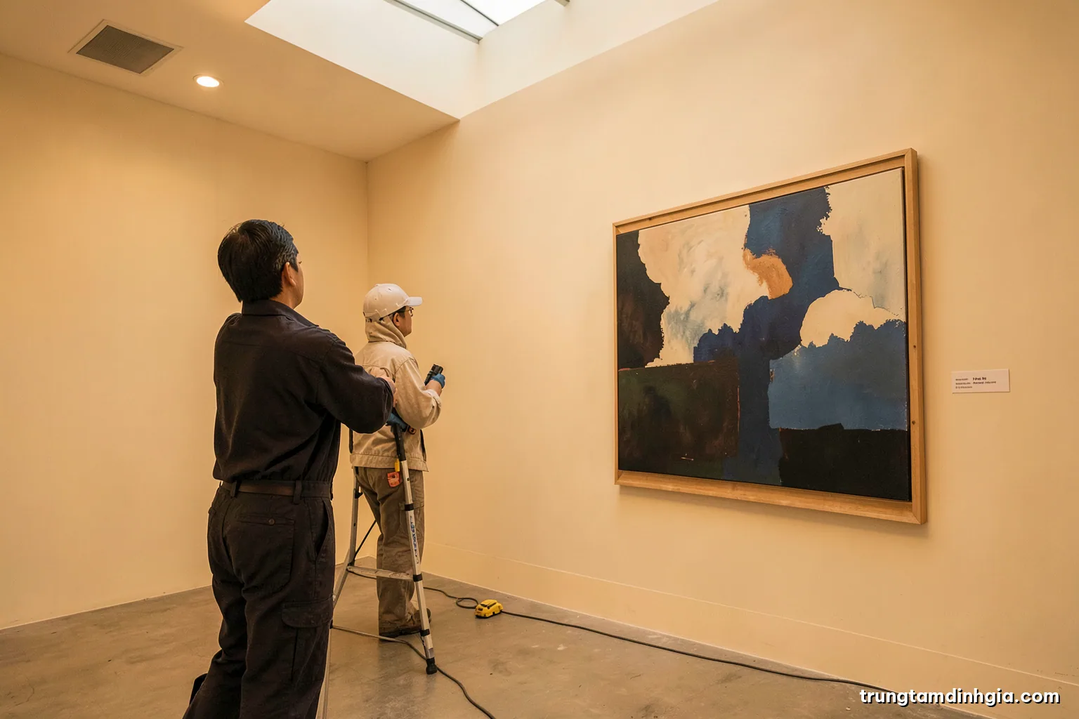 Wide quiet gallery interior with a single large abstract canvas on a pale wall, a Vietnamese curator seen from behind measuring the frame, soft diffused skylight, cream and charcoal palette