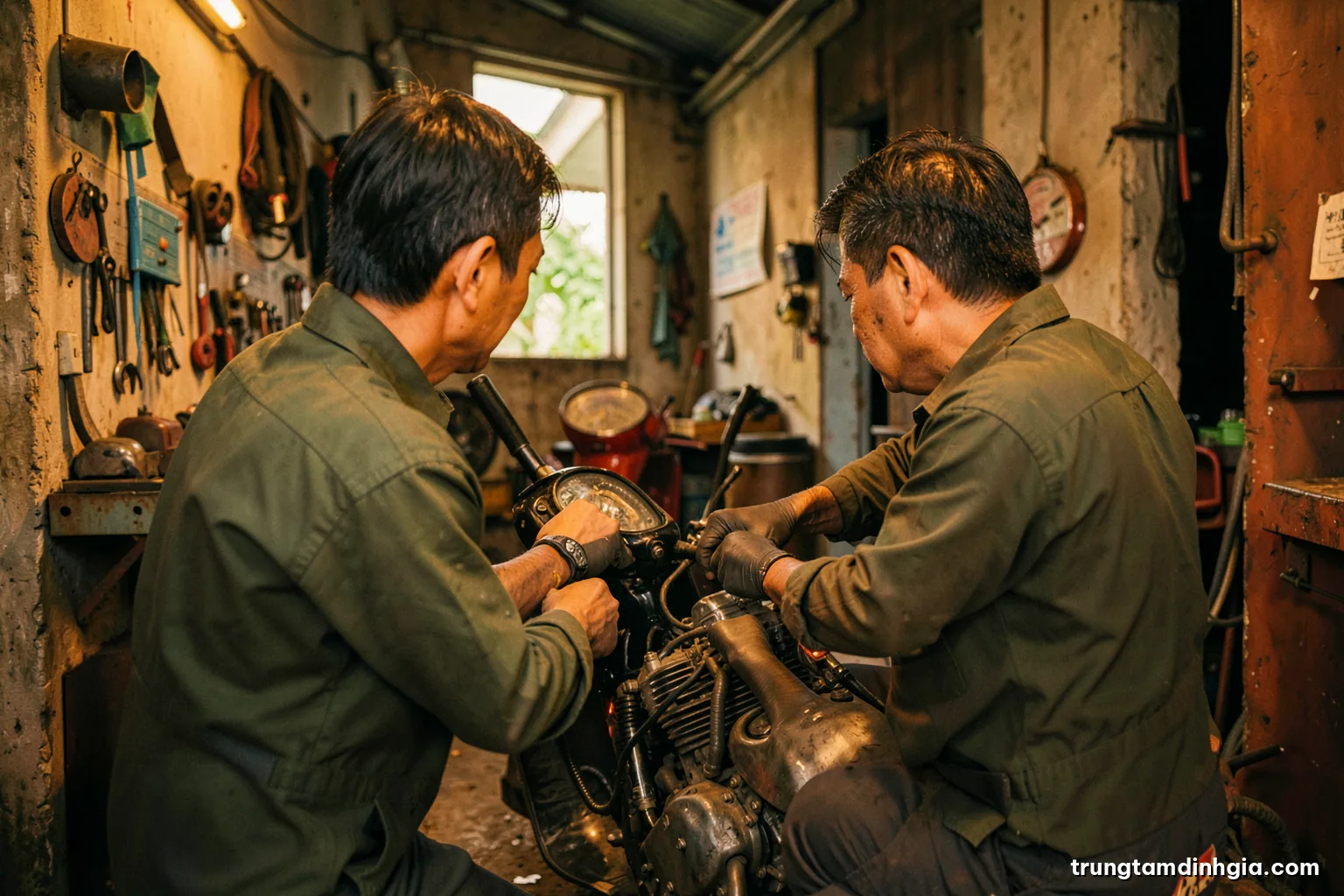 Over-the-shoulder view of a Vietnamese mechanic inspecting the engine of a scooter in a narrow open-front repair shop, afternoon side light, olive green and rust orange palette
