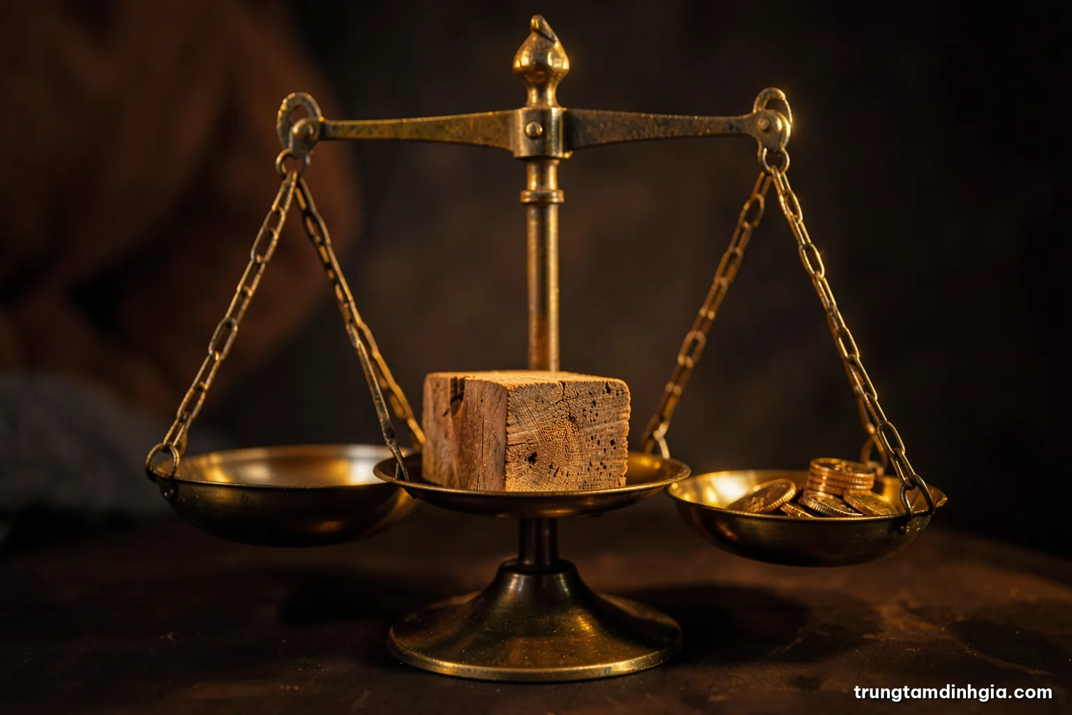 Macro shot of an old brass balance scale holding a raw wooden block and a small stack of coins, dark studio background, warm side light, deep brown and gold palette