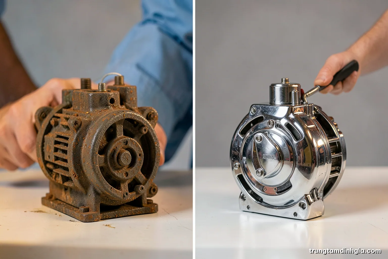Split composition of a weathered old electric motor and a gleaming new identical motor side by side on a clean workbench, studio lighting, neutral grey background, macro detail