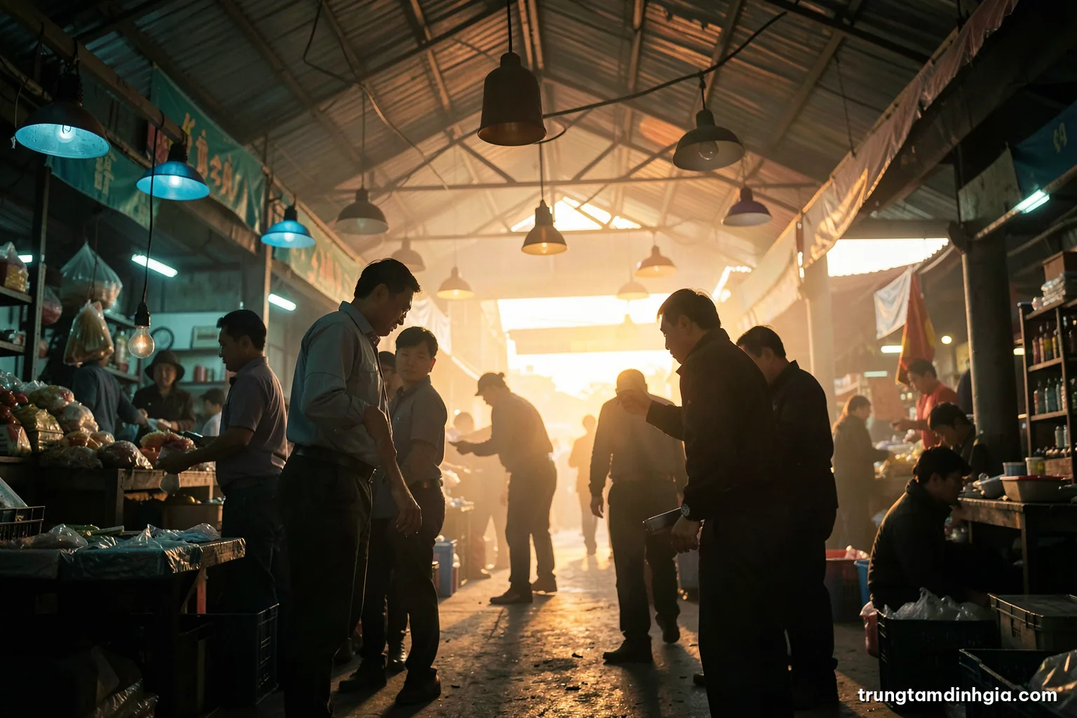 Low angle view of a busy Vietnamese wholesale market hall at dawn, silhouettes of traders exchanging goods under hanging lamps, soft haze, teal and orange palette