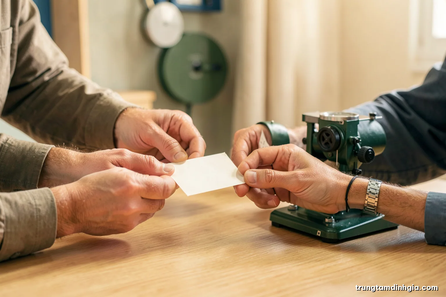 Two pairs of hands across a light oak meeting table exchanging a small sealed envelope beside a scale model of a machine, soft diffused daylight, beige and forest green palette