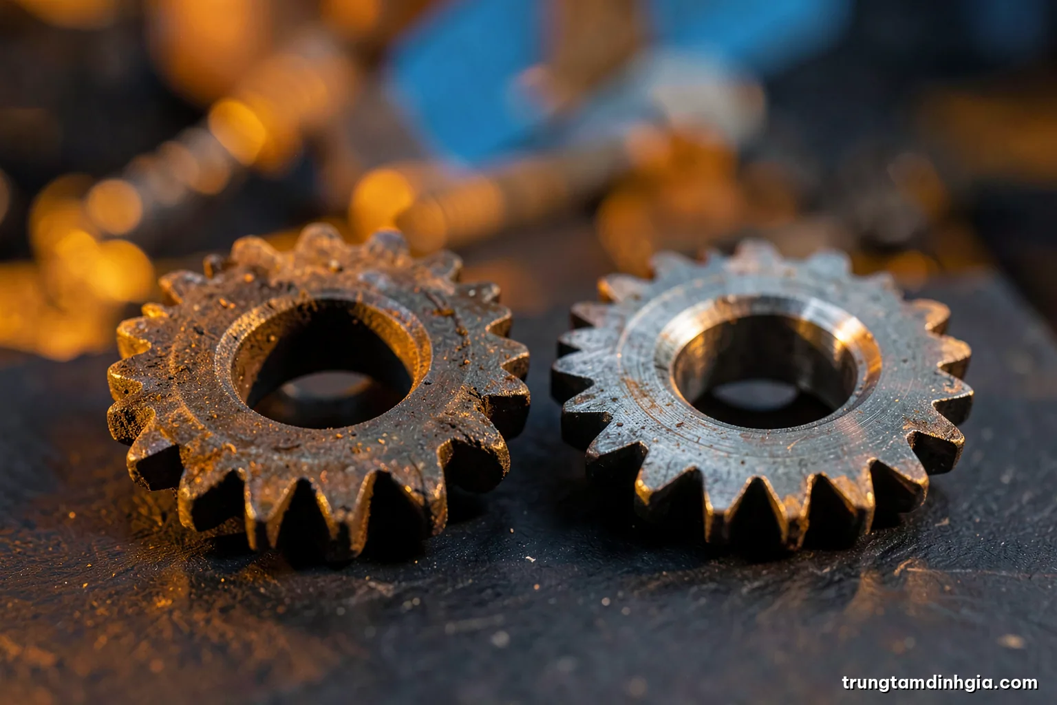 Macro shot of a worn steel gear with chipped teeth beside a pristine new gear on dark slate, raking side light revealing texture, deep charcoal and burnished orange palette