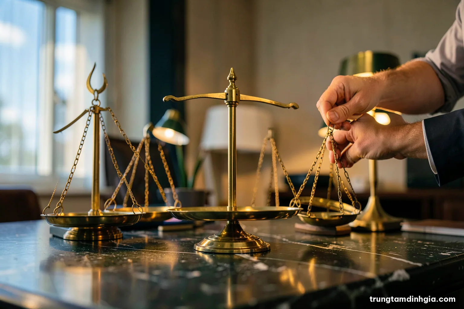 Low angle photo of three brass balance scales of different sizes on a dark marble desk in a quiet office, a hand adjusting one weight, warm lamp light, deep green and gold palette