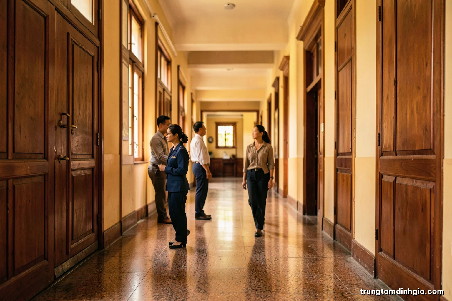 Wide shot of a quiet Vietnamese courthouse corridor with tall wooden doors and polished stone floor, morning light through high windows, two blurred figures walking, warm ochre palette