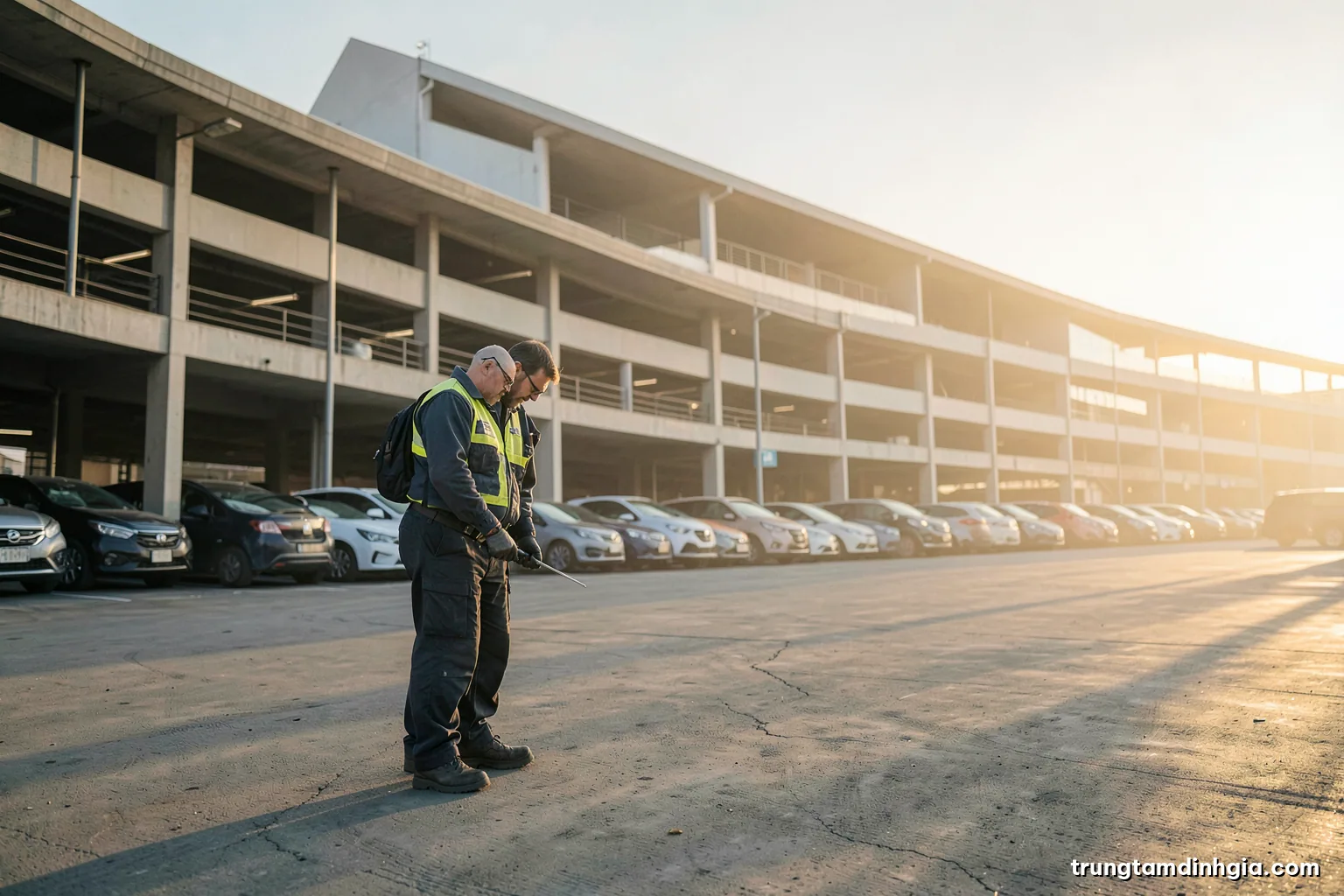Low angle view of a multi-storey parking garage with rows of cars fading into soft morning haze, long shadows, cool grey and pale gold palette, documentary photography