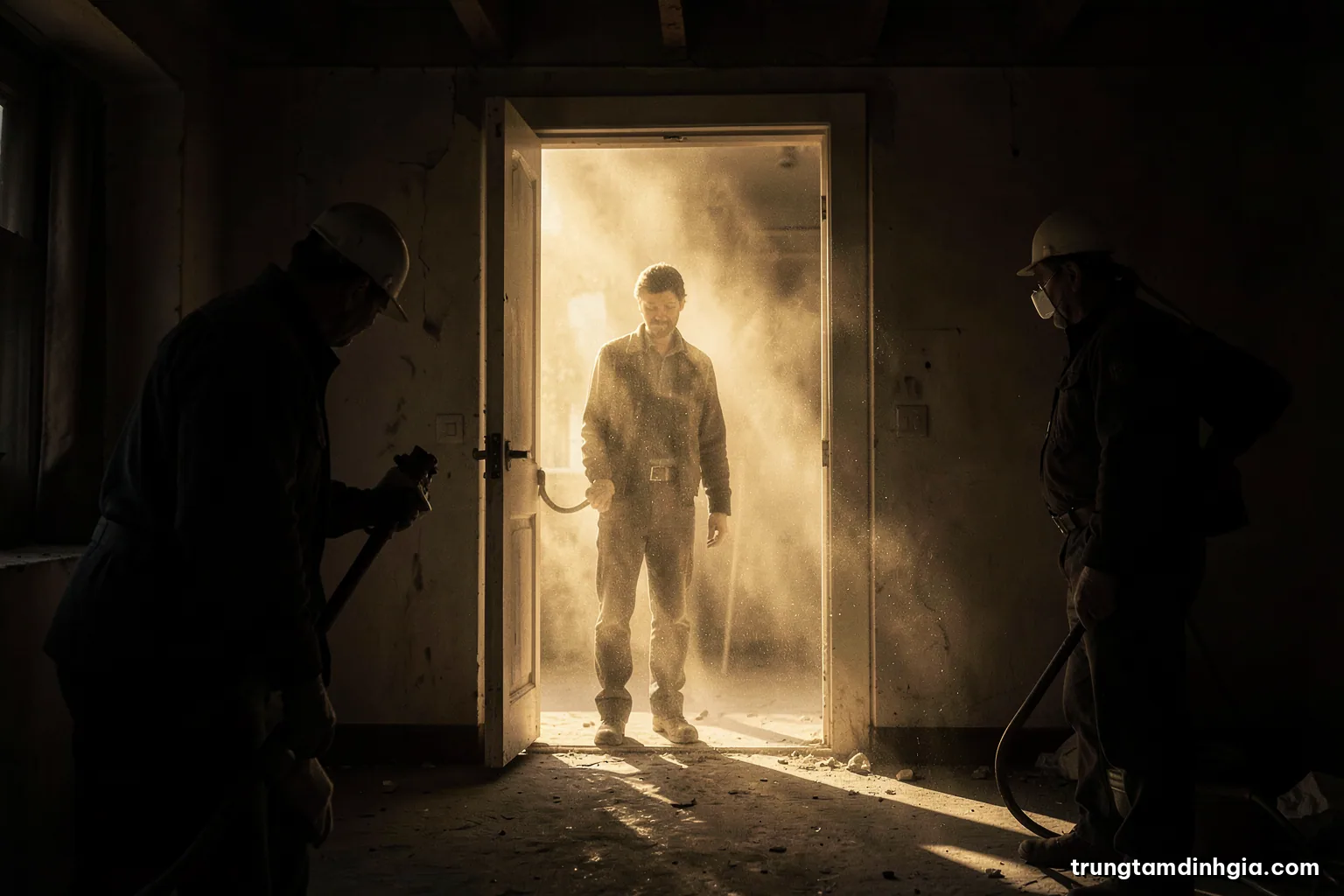 Silhouette of a person standing at the open door of an empty, dimly lit house interior, dust in a beam of sunlight, sepia and charcoal palette, cinematic editorial