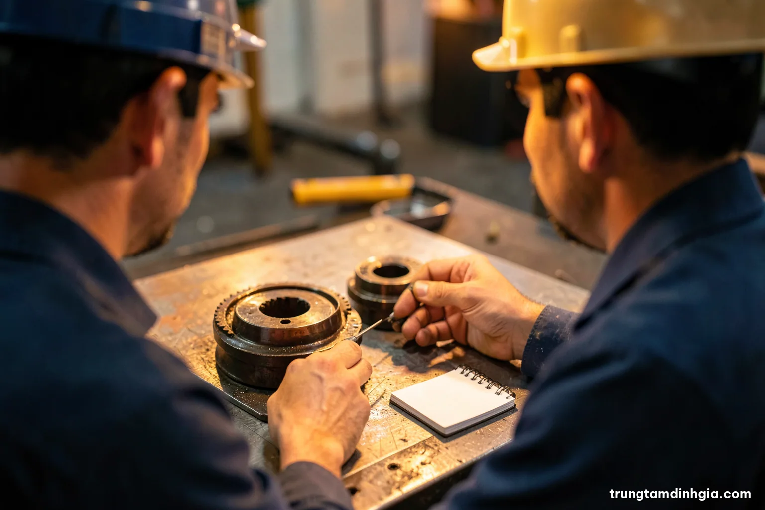 Close-up over-the-shoulder view of an engineer comparing two industrial gear components on a steel workbench, blank notepad and calculator beside them, warm tungsten light, copper and grey palette