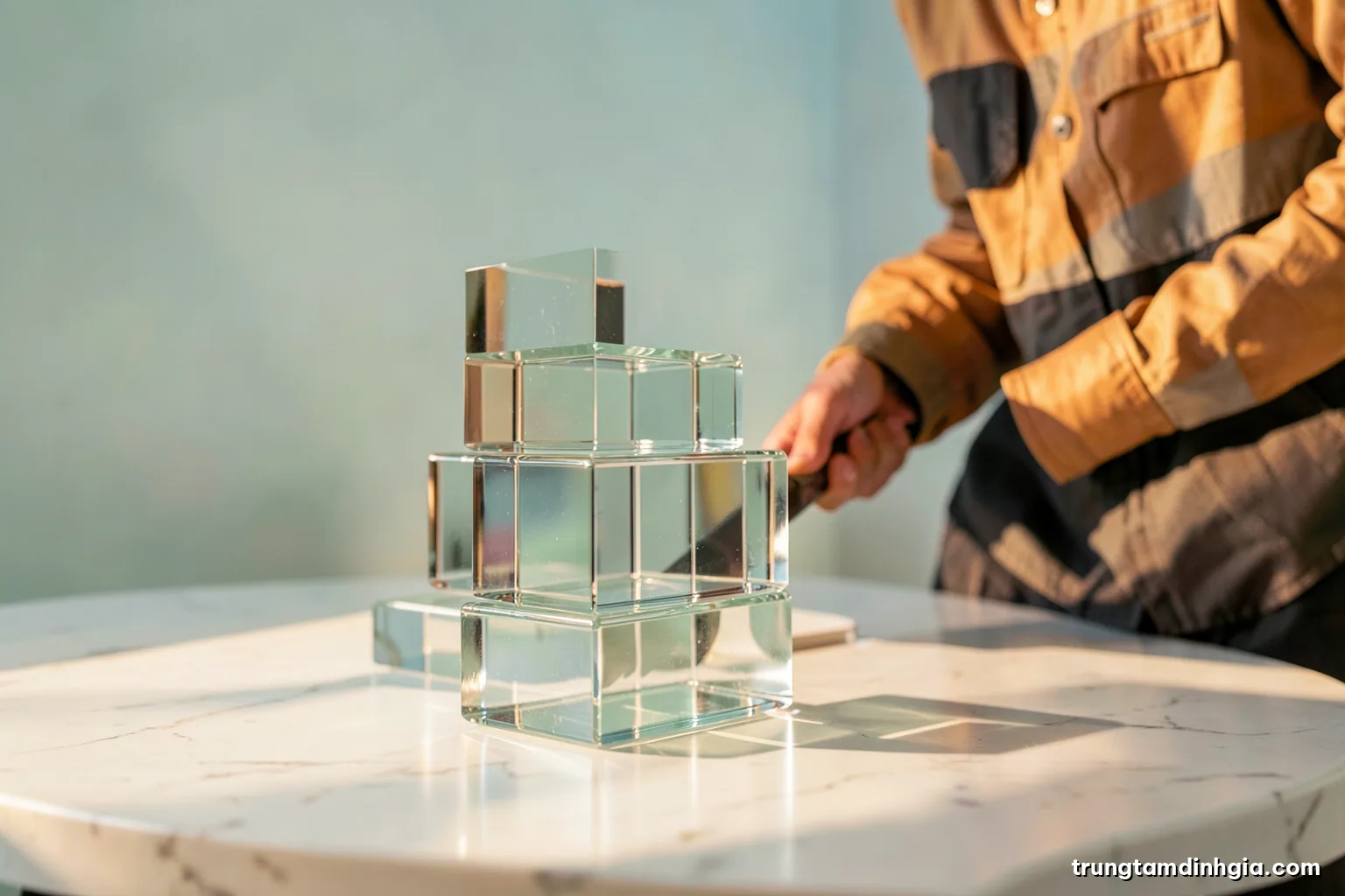 Low angle view of stacked translucent glass blocks of different heights on a white marble table, crisp studio lighting with long soft shadows, pale green and silver palette