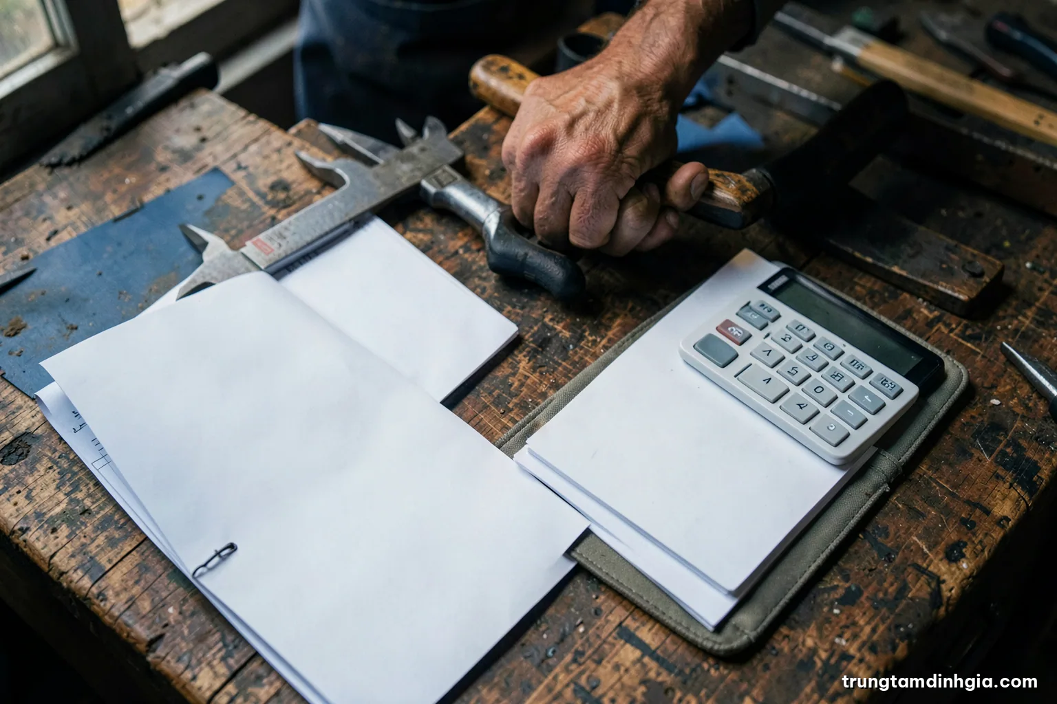 Top-down macro shot of a steel caliper, a calculator and blank ledger sheets on a weathered wooden workbench in a Vietnamese workshop, cool morning light, slate grey and walnut tones