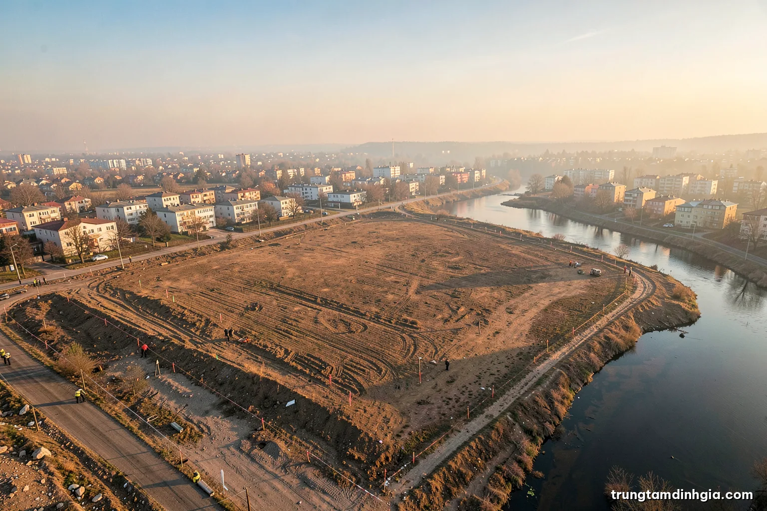 Overhead drone view of a large cleared urban land plot surrounded by low-rise neighborhoods and a river bend, survey stakes visible, early morning haze, soft beige and blue palette