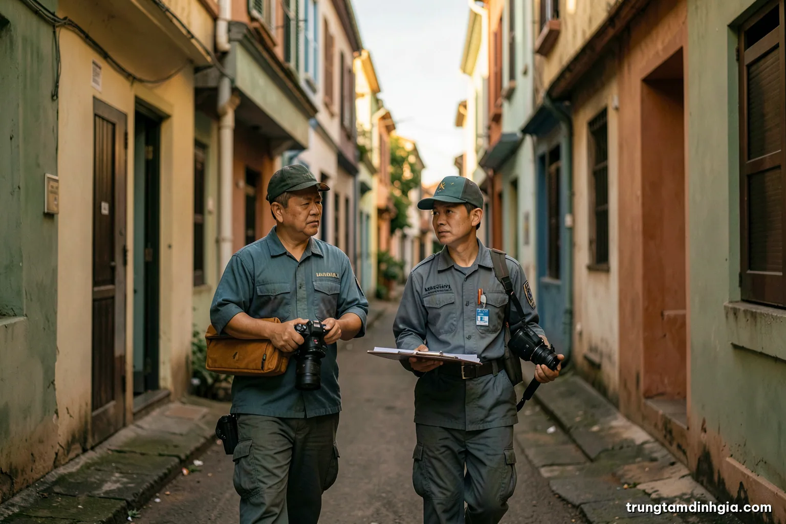 Wide shot of two Vietnamese surveyors walking along a narrow alley beside townhouses with a clipboard and camera, early morning light, soft shadows, muted green and terracotta palette