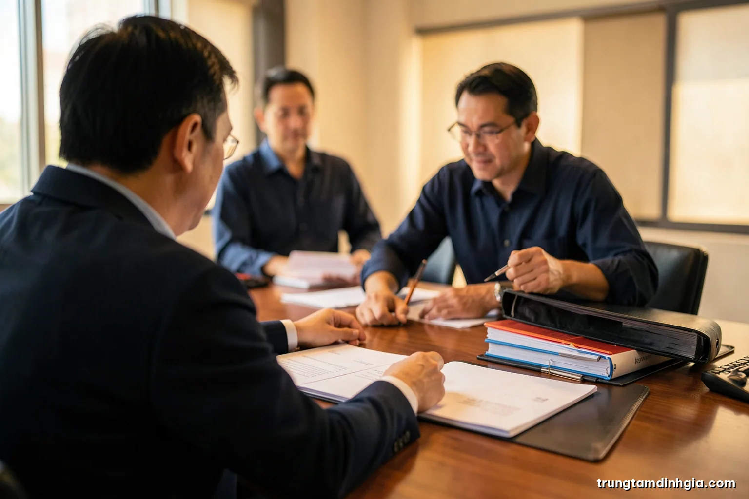 Over-the-shoulder view of a Vietnamese accountant arranging thick binders and blank folders on a long meeting table, afternoon window light, navy and cream tones, shallow depth of field