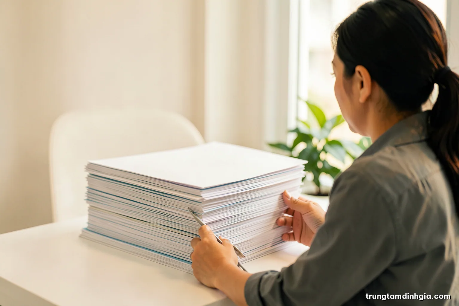Close-up of a Vietnamese woman seen from behind reviewing a tall stack of blank folders on a bright white office desk, potted plant and window light, crisp white and sage palette