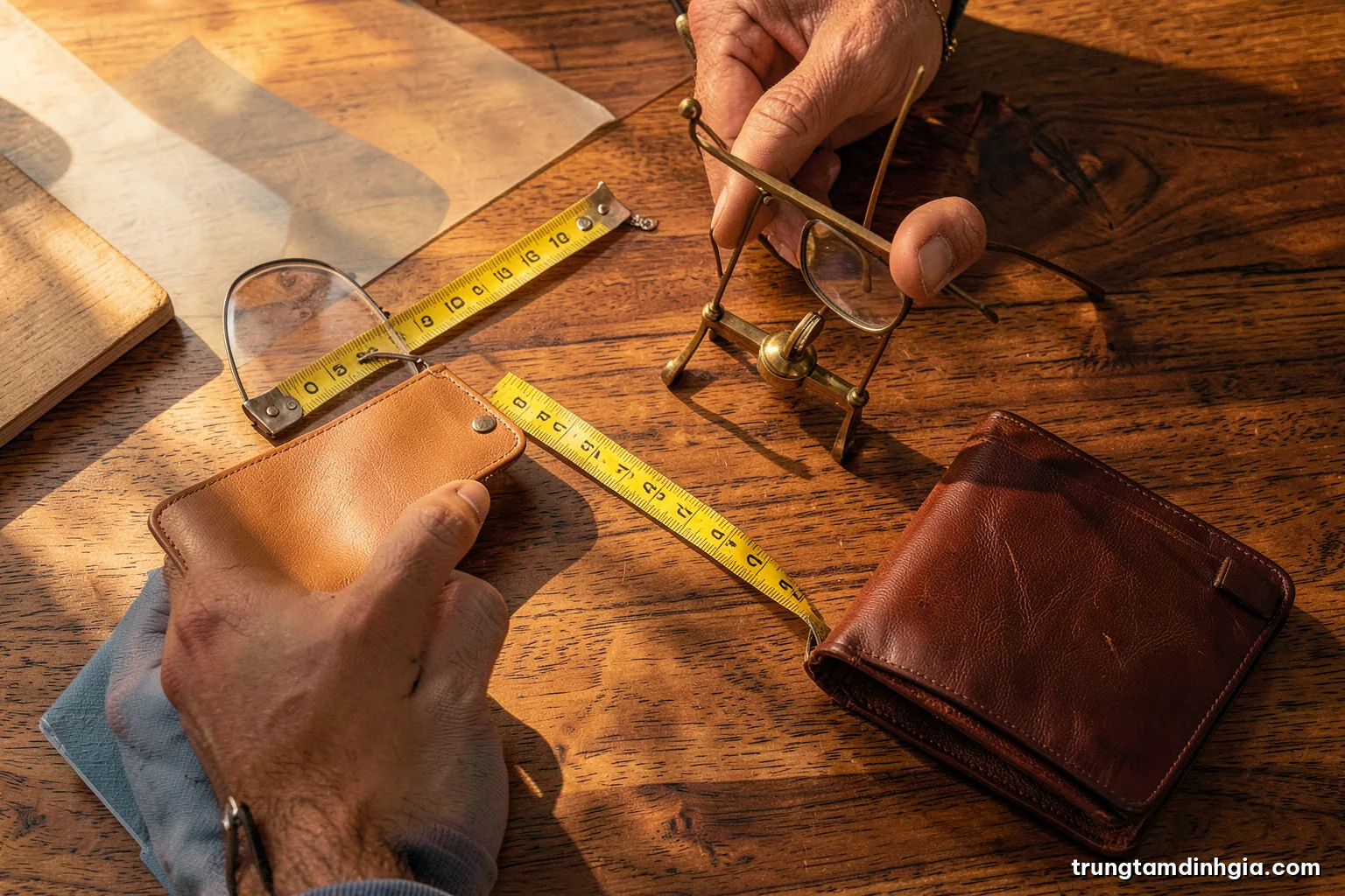Overhead view of a wooden desk with a measuring tape, a small brass balance scale, a closed leather folder and reading glasses, warm afternoon light, amber and walnut palette