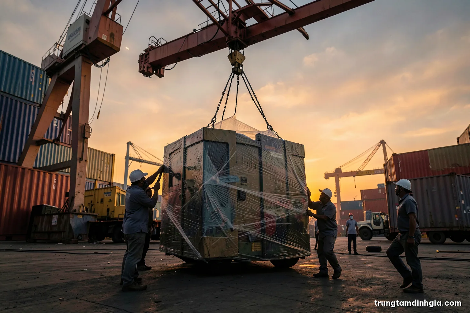 Wide shot at a container port in northern Vietnam, a used industrial machine wrapped in plastic being lifted by a crane at dusk, workers silhouetted, orange sky and steel grey palette
