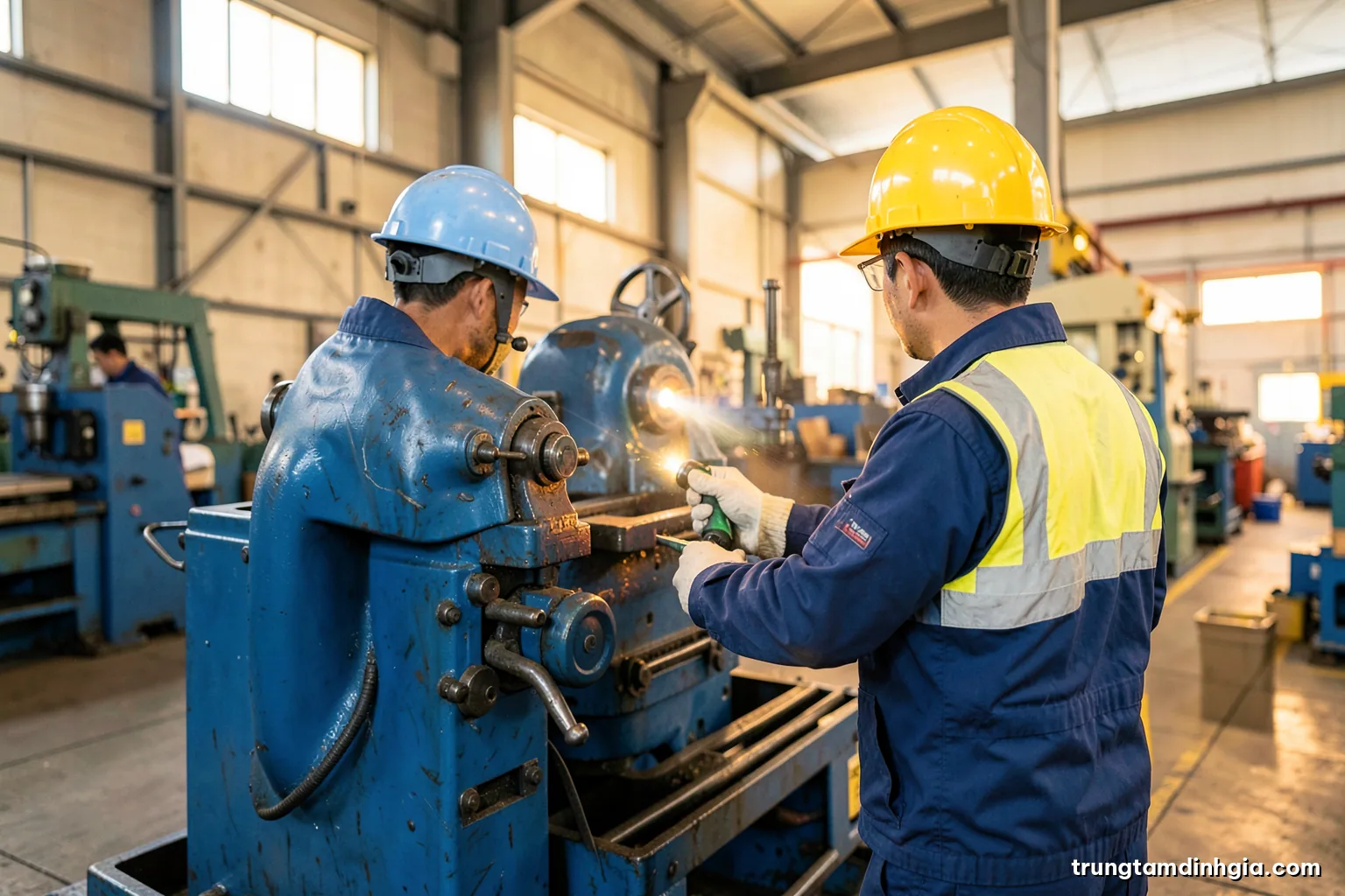 Wide shot of a bright Vietnamese factory floor, an appraiser in a hard hat inspecting a large metal lathe with a flashlight, face turned away, cool steel blue and safety yellow tones