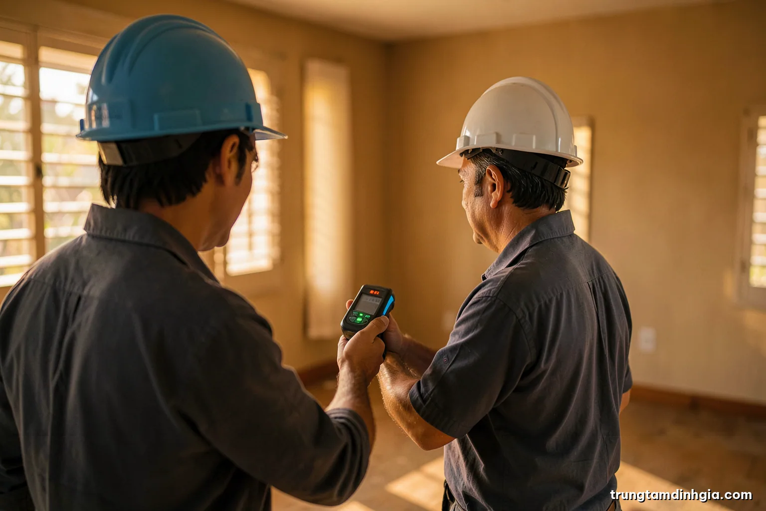 Over-the-shoulder view of a Vietnamese appraiser holding a laser distance meter inside an empty townhouse living room, morning light through shutters, warm ochre and grey tones, editorial style