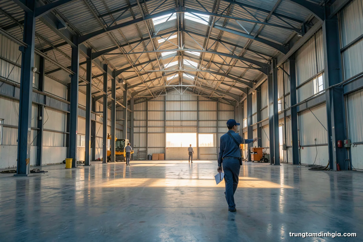 Wide interior shot of an empty steel-frame factory hall with tall roof trusses, skylights casting light beams on a polished concrete floor, a Vietnamese engineer walking away, cool silver blue palette