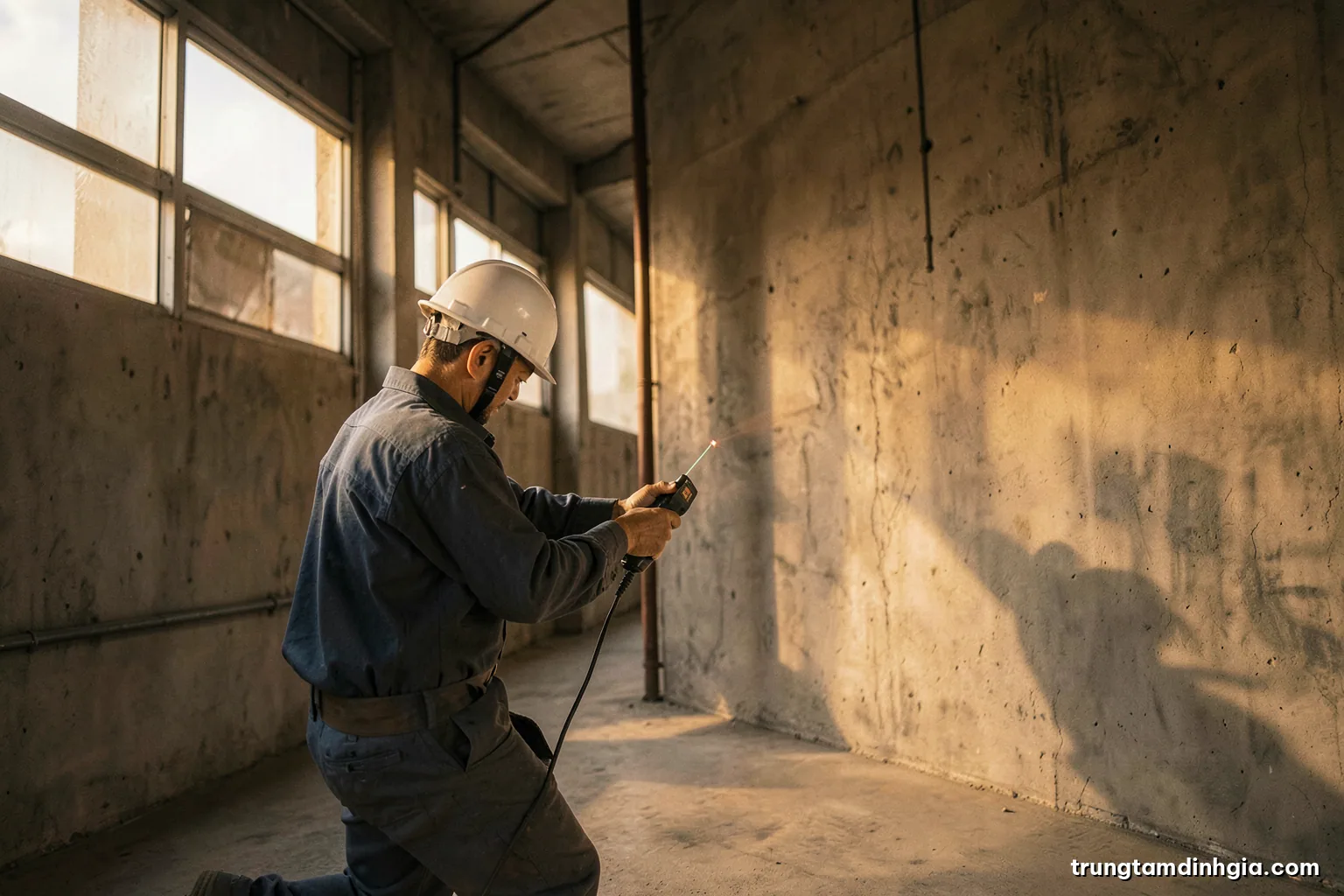 Vietnamese valuer in a hard hat measuring the wall of an empty concrete warehouse with a laser distance meter, wide shot, cool morning light through high windows, grey and ochre palette