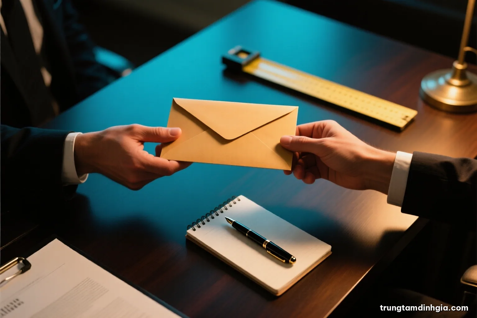 Top-down view of two hands exchanging a plain sealed envelope across a dark wooden desk, a fountain pen and blank notepad nearby, moody tungsten light, deep teal and amber palette