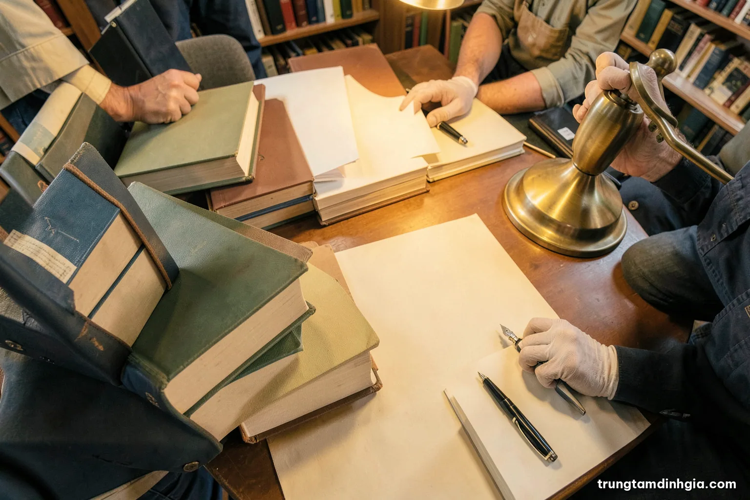 Top-down view of a long library reading table with neatly stacked hardbound volumes in muted covers, a fountain pen and brass desk lamp, soft diffuse light, olive and cream palette