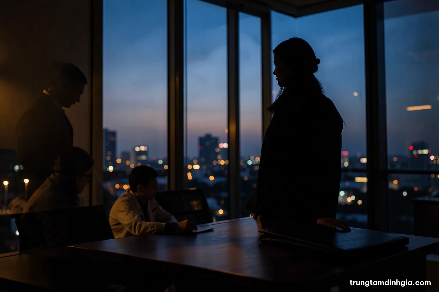 Silhouette of a Vietnamese professional standing by a tall window in a dim office at dusk, looking at city lights, closed briefcase on the table, moody indigo and amber palette