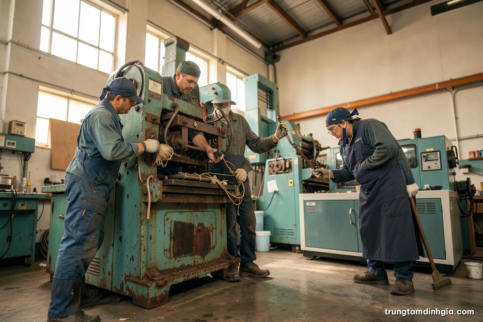 Low angle view of an old but well-kept industrial press standing beside a modern machine in a clean workshop, soft daylight from high windows, muted teal and rust palette