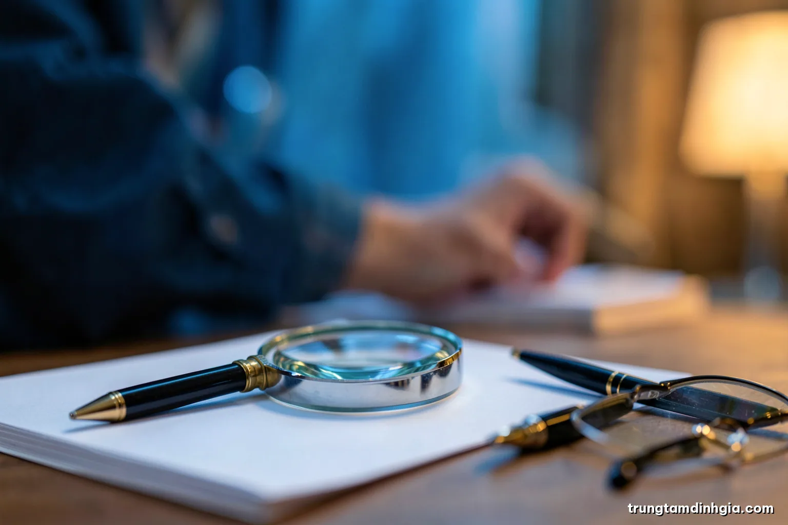 Macro close-up of a magnifying glass resting on a stack of blank paper beside a fountain pen and reading glasses, shallow depth of field, cool blue morning light